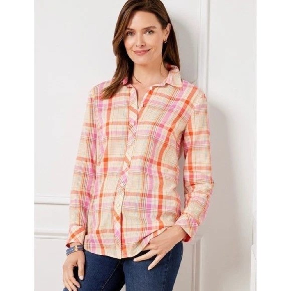 NWOT Talbots Women Large Pink Orange Plaid Button Down Cotton Rayon Shirt VN1427